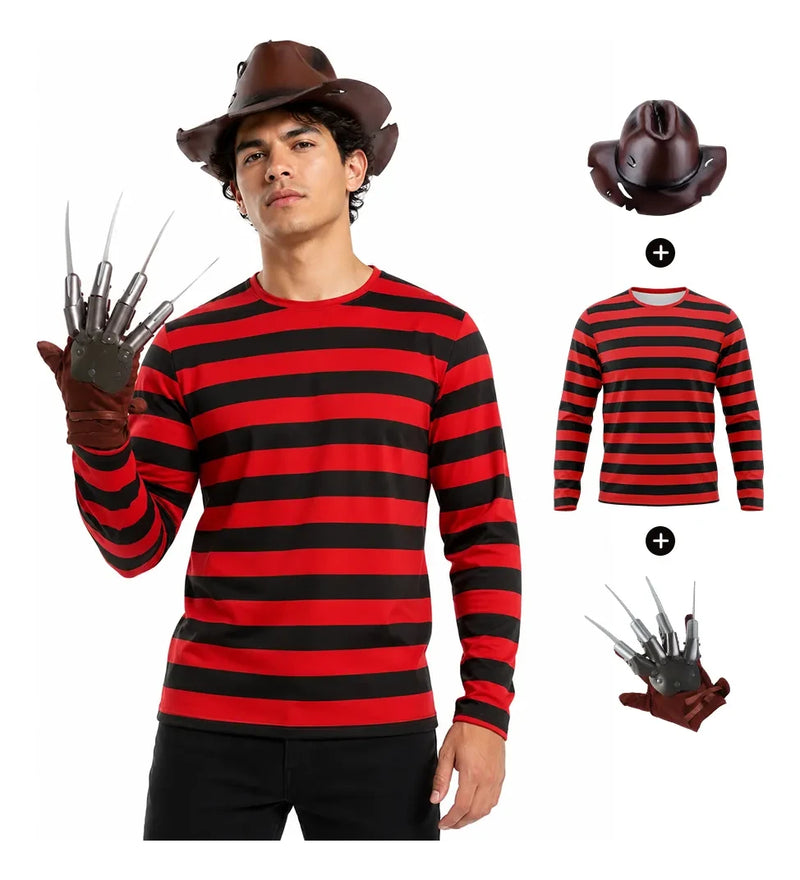 Asesino de Pesadillas: Sombrero, Playera a Rayas y Guante con Garras | Hombre