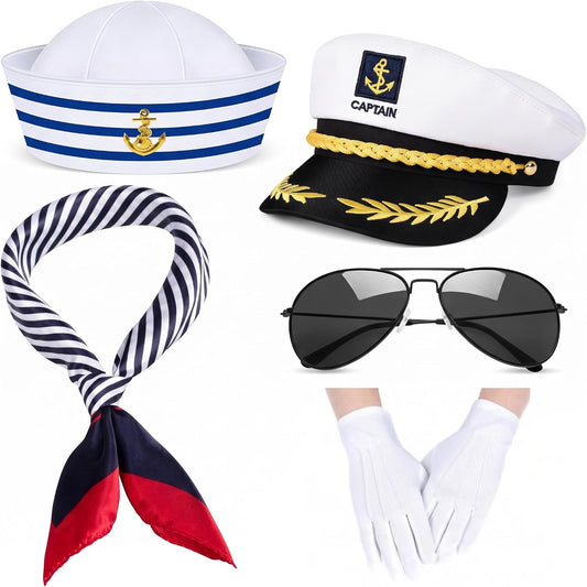 Kit de disfraz de capitán de 5 piezas: gorro de capitán, gorro de marinero, lentes, guantes y pañuelo