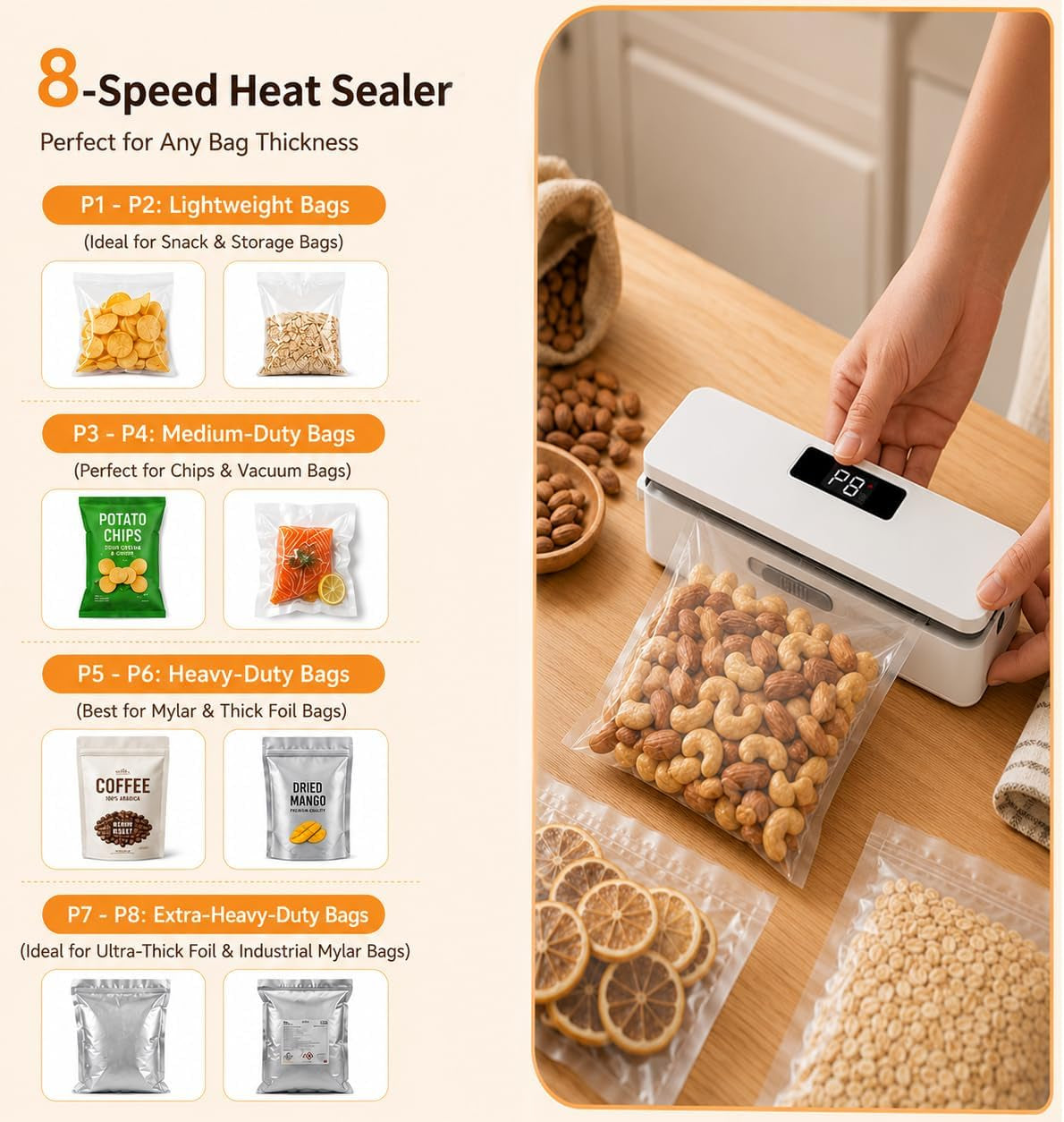 Mini Bag Sealer with Cutter and Magnet,Upgraded 8 Adjustable Levels Rechargeable Heat Sealer,Portable Sealing Machine for Chips Snacks Plastic Bags,Mylar Bags,Kitchen Gadgets for Food Resealer 1 Pack
